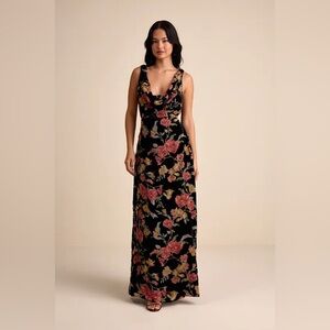 LULUS PRIM BLACK MULTI FLORAL BURNOUT VELVET COWL BACK MAXI DRESS